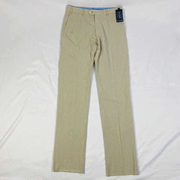 NWT 6 East Beige w/ Tan Stripe Seersucker Ctn Unfinished Flat Front Pants 34X38 - Picture 1 of 10